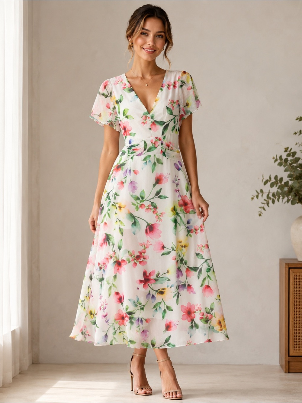 Kensie Flowy White Pink Multi Floral Midi Dress Cap Sleeve Size 2  New $128